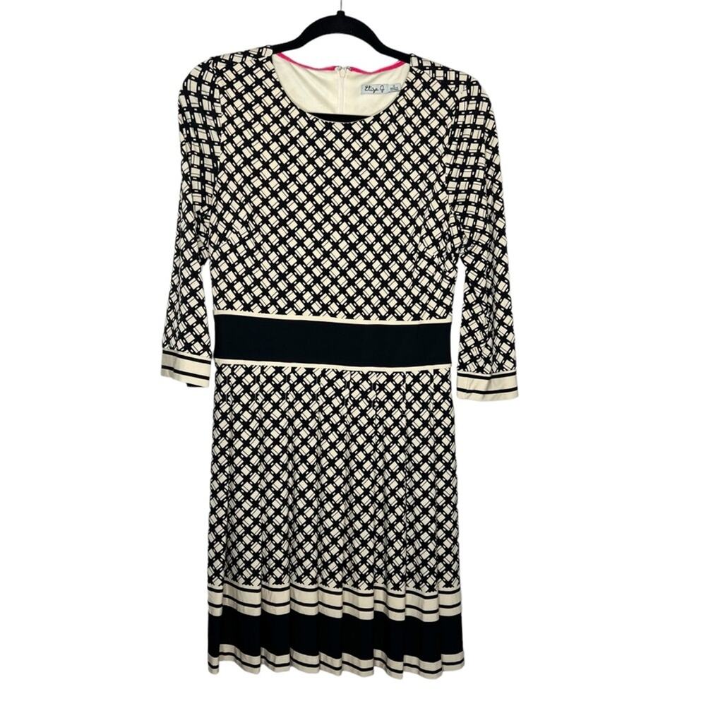 ELIZA J / black tan check printed long sleeve fit & flare dress / 4